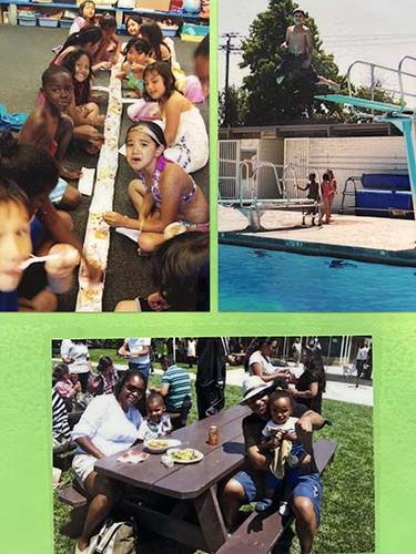 Three scrapbook pics of different activities: swimming pool, indoor food event, outdoor picnic